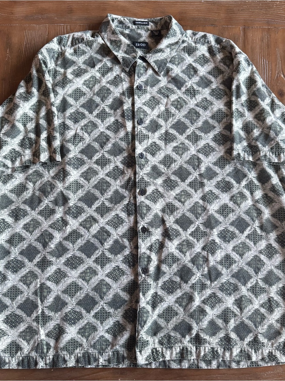 IZOD Men's Green Diamond Pattern Short Sleeve Silk Button Down Shirt XXL